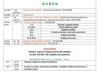 Program na duben 2022 MC Srdíčko